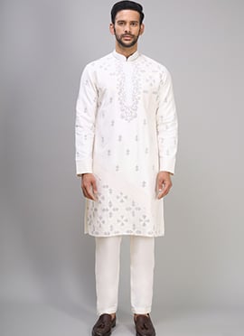 Off White Silk Embroidered Elegant Kurta Pyjama