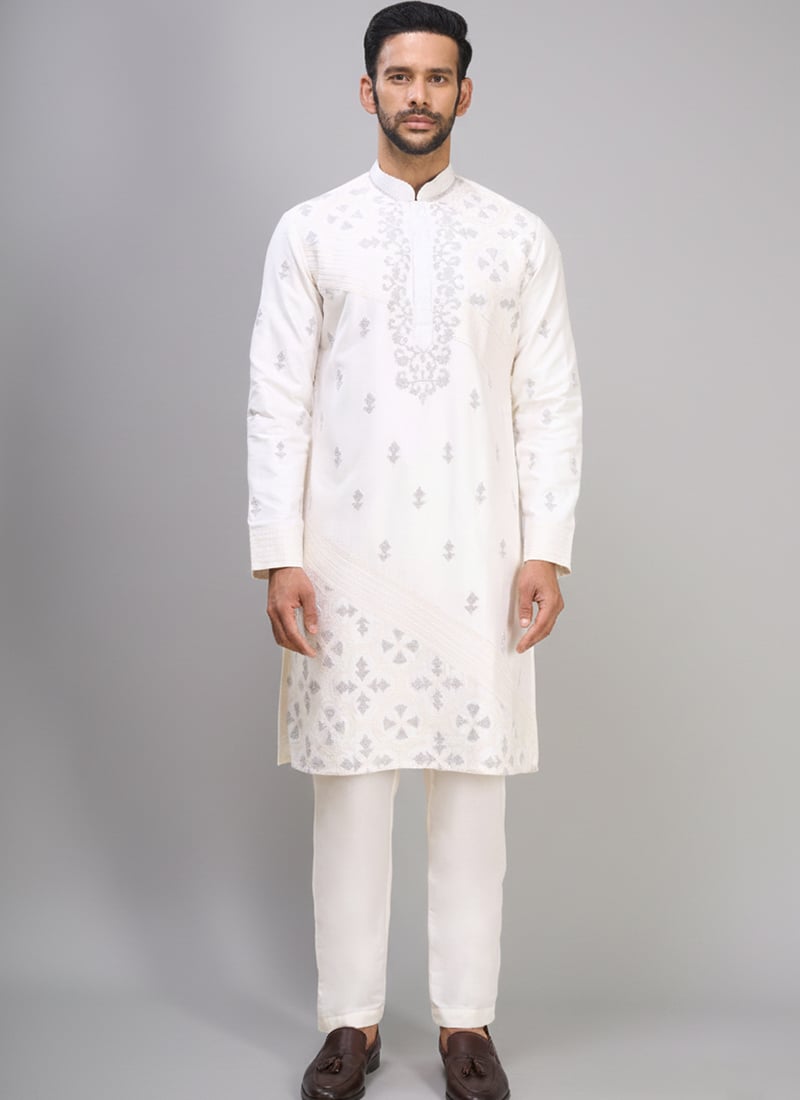 Off White Silk Embroidered Elegant Kurta Pyjama Festive Wear