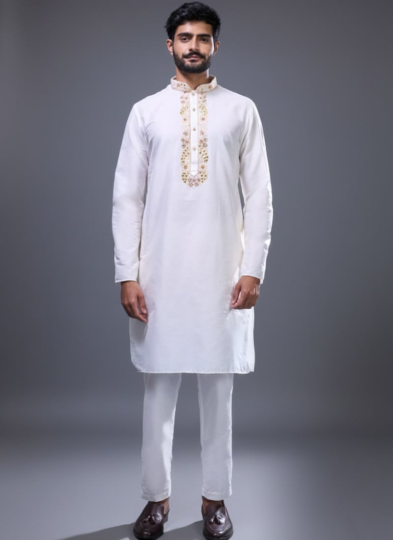 Off White Silk Embroidered Exquisite Kurta Pyjama Festive Wear