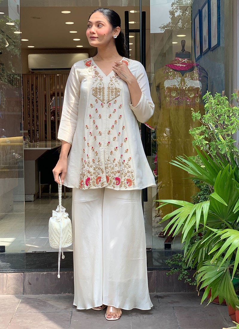 Off White Silk Embroidered Kurta Palazzo Set Festive Wear