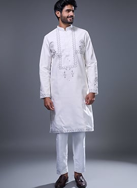 Off White Silk Embroidered Kurta Pyjama