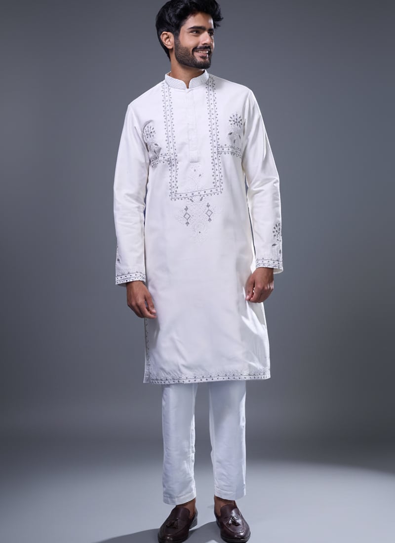 Off White Silk Embroidered Kurta Pyjama Festive Wear
