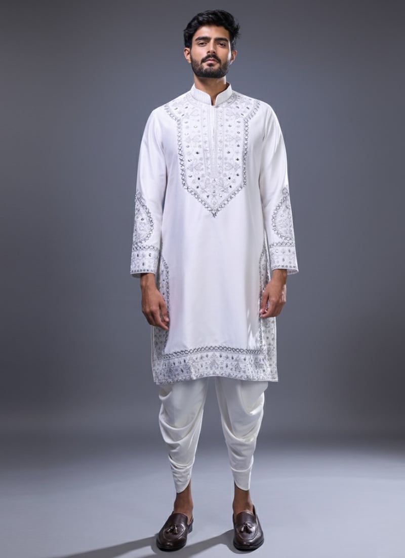 Off White Silk Embroidered Kurta Pyjama Festive Wear
