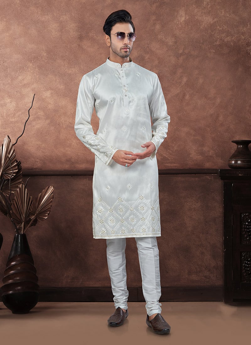 Off White Silk Embroidered Kurta Pyjama Festive Wear