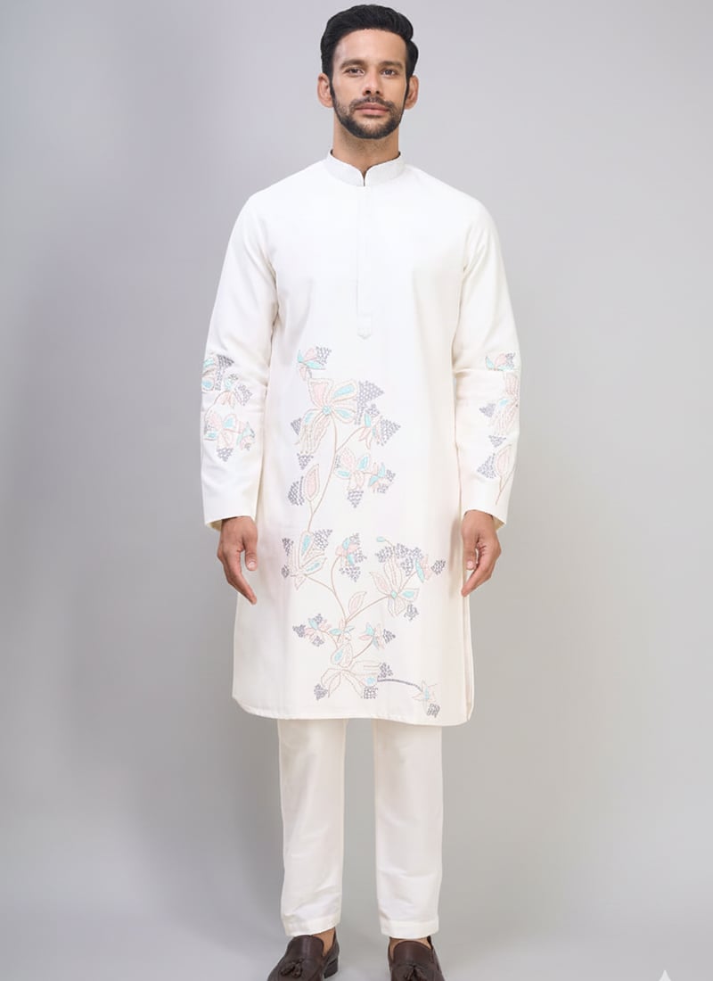 Off White Silk Embroidered Luxurious Kurta Pyjama Festive Wear