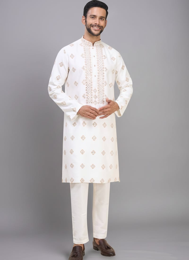 Off White Silk Embroidered Mirror Work Classy Kurta Pyjama Festive Wear