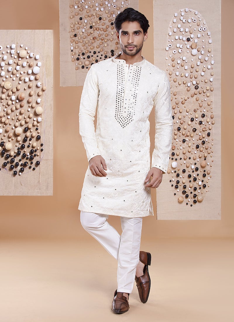 Off White Silk Embroidered Mirror Work Kurta Pyjama