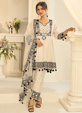 Off White Silk Embroidered Mirror Work Thread Straight Pant Suit