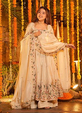 Off White Silk Embroidered Sequins Anarkali Suit