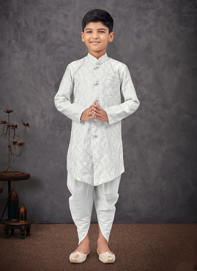 Off White Silk Embroidered Sequins Boys Indowestern Sherwani With Dhoti  Wedding Wear