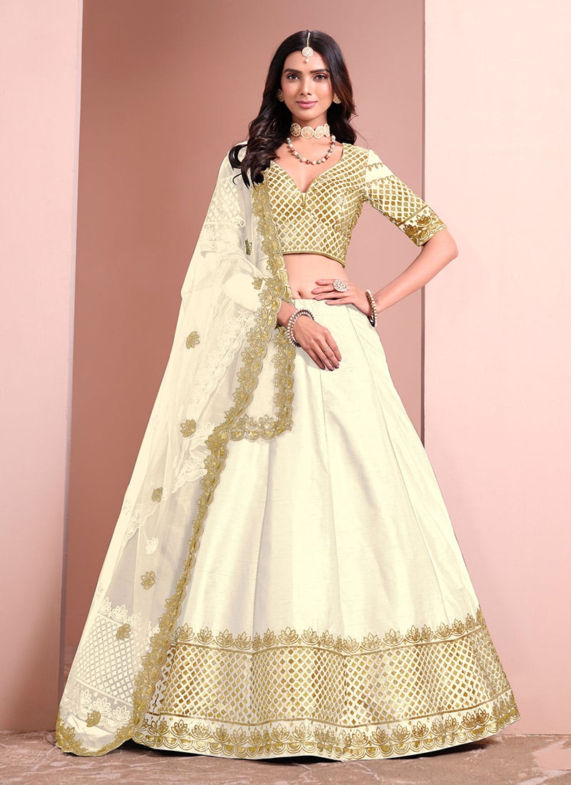 Off White Silk Embroidered Sequins Classy Lehenga Wedding Wear