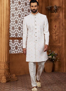 Off White Silk Embroidered Sequins Hand Work Indowestern Sherwani