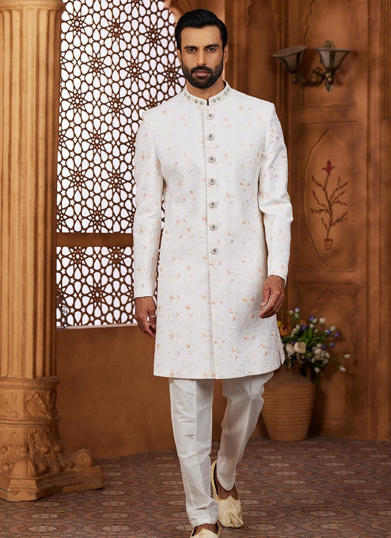Off White Silk Embroidered Sequins Hand Work Indowestern Sherwani