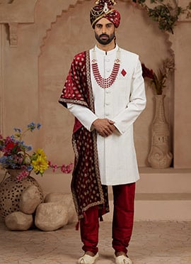 Off White Silk Embroidered Sequins Indowestern Sherwani