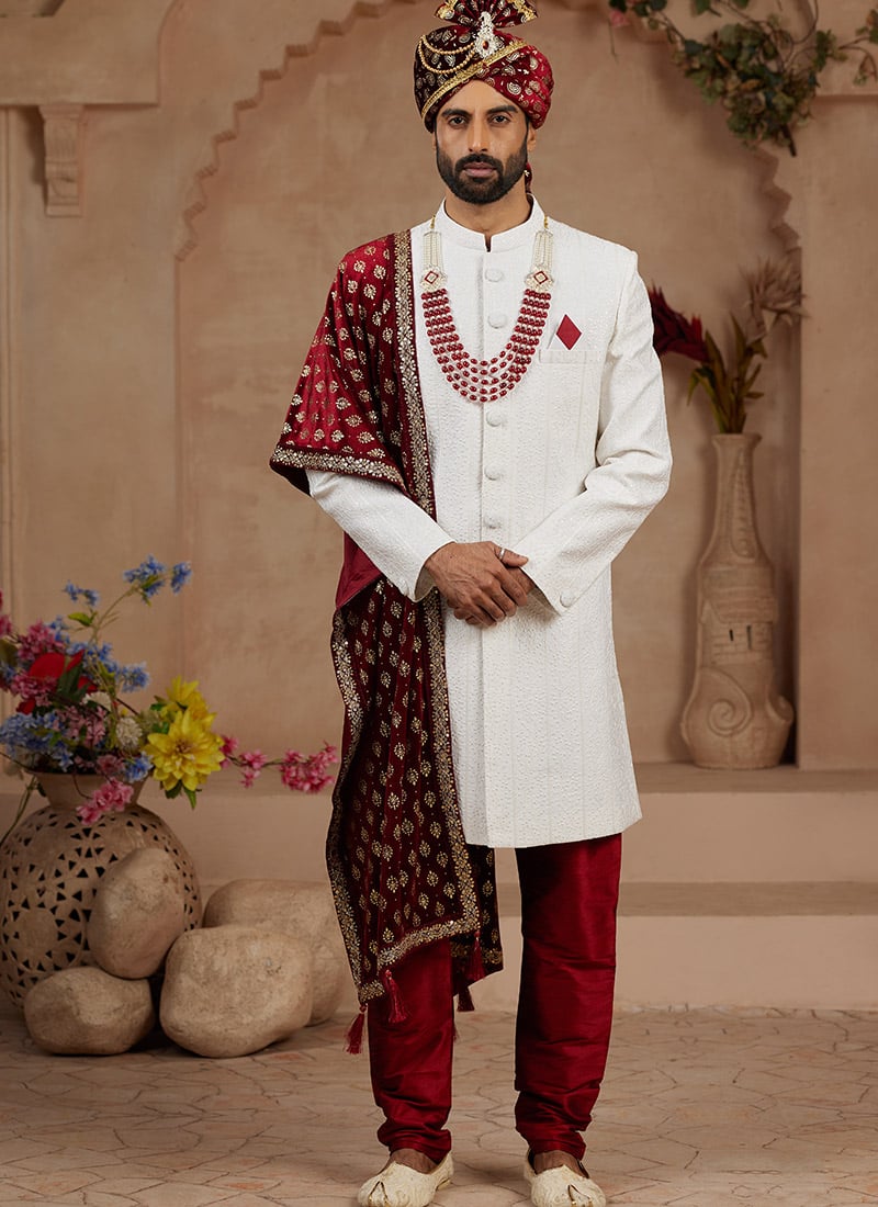 Off White Silk Embroidered Sequins Indowestern Sherwani Wedding Wear-SHMSGR5954