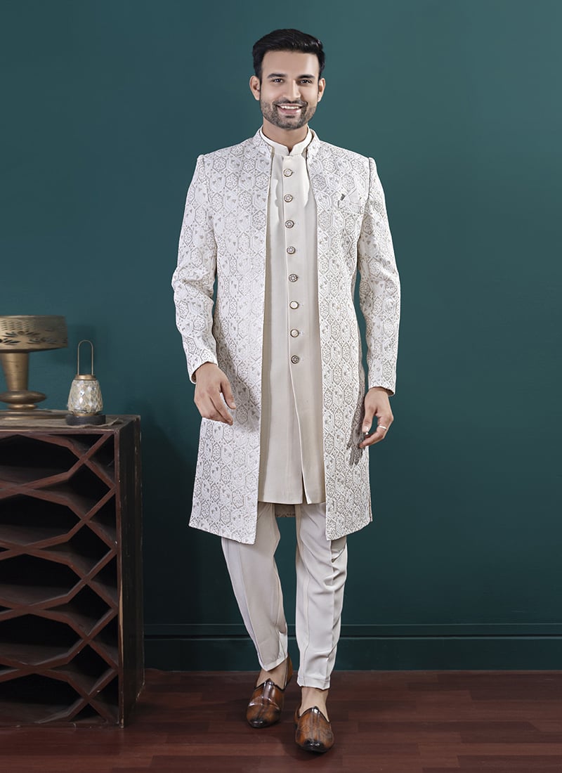 Off White Silk Embroidered Sequins Indowestern Sherwani Wedding Wear