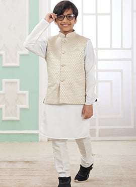 Off White Silk Embroidered Sequins Kids Boys Bandi Set