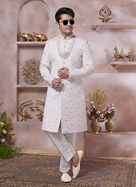 Off White Silk Embroidered Sequins Stone Hand Work Indowestern Sherwani