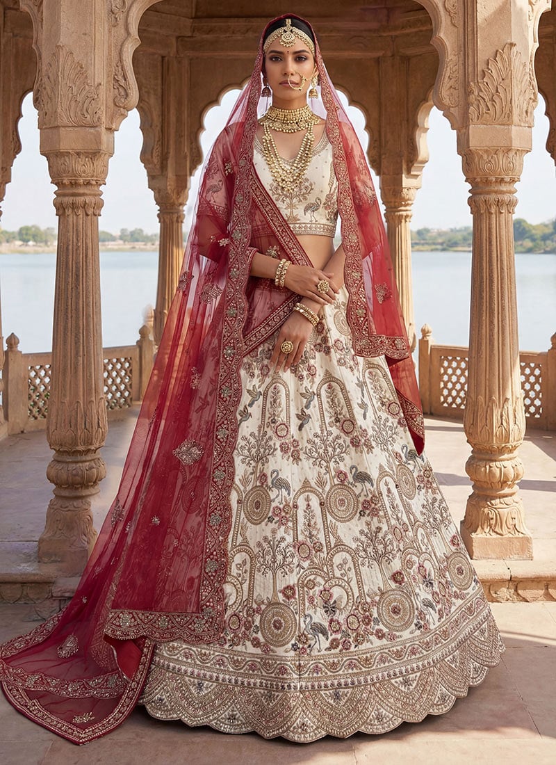 Off White Silk Embroidered Sequins Stone With Zari Work Lehenga Wedding Wear