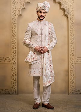 Off White Silk Embroidered Sequins Thread Indowestern Sherwani
