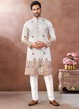 Off White Silk Embroidered Sequins Thread Kurta Pyjama