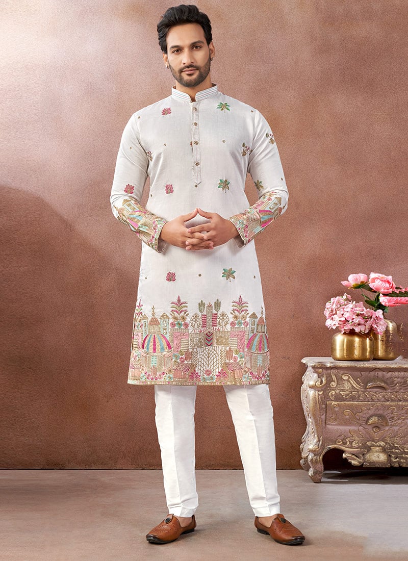 Off White Silk Embroidered Sequins Thread Kurta Pyjama Festive Wear