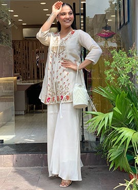 Off White Silk Embroidered Sequins With Beads Work Kurta Palazzo Set
