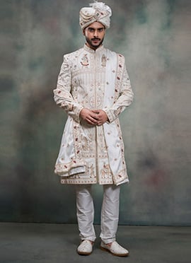 Off White Silk Embroidered Sequins Zari Thread Indowestern Sherwani