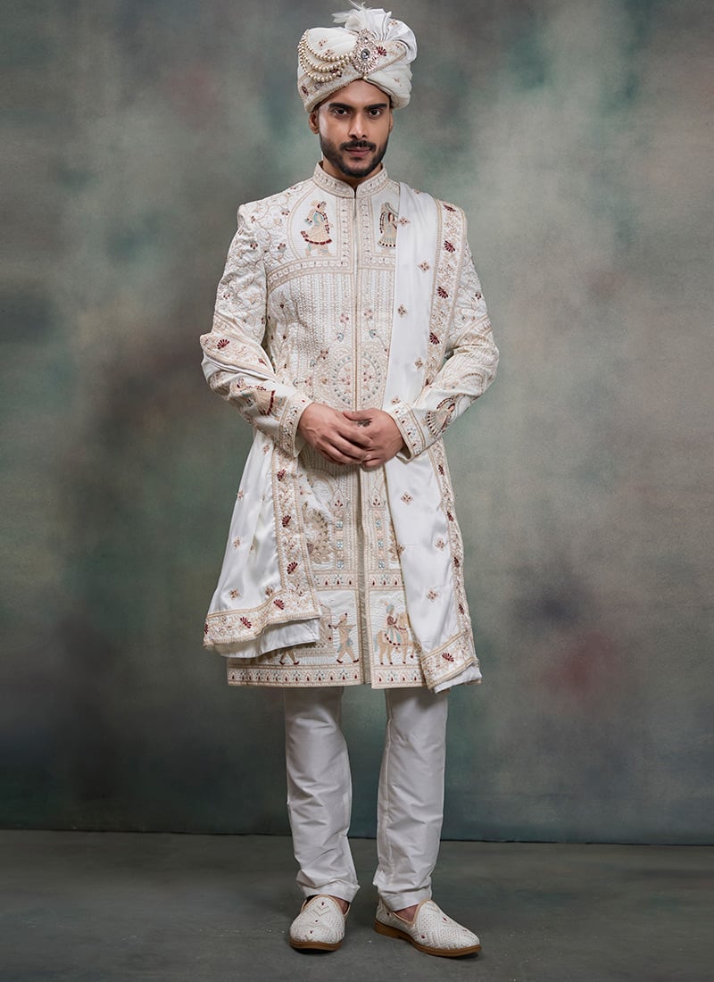 Off White Silk Embroidered Sequins Zari Thread Indowestern Sherwani Wedding Wear