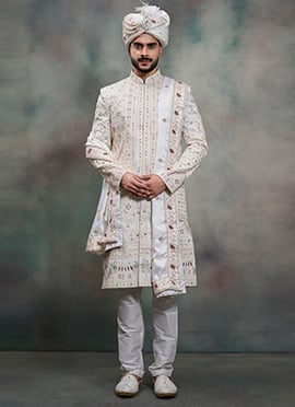Off White Silk Embroidered Sequins Zari Thread Indowestern Sherwani