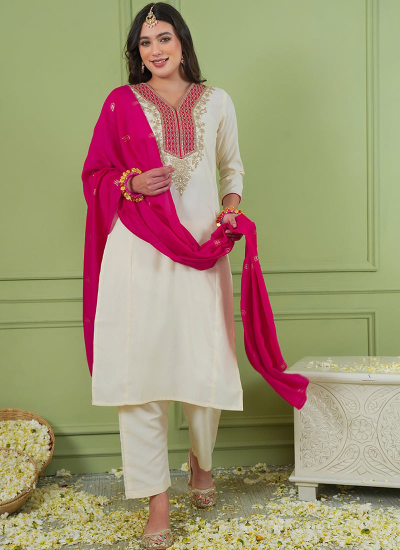 Off White Silk Embroidered Straight Pant Suit Festive Wear