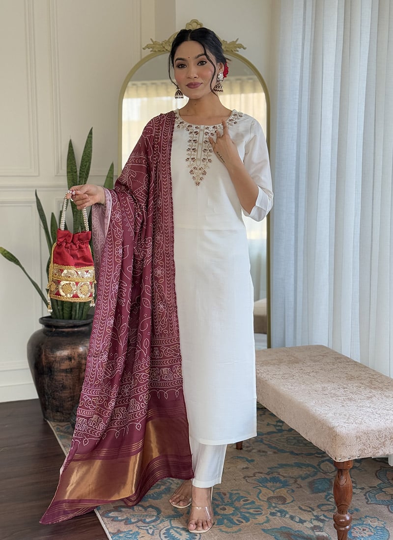 Off White Silk Embroidered Straight Pant Suit With Bandhani Dupatta Festive Wear