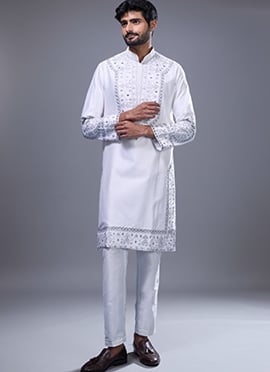 Off White Silk Embroidered With Mirror Work Majestic Kurta Pyjama