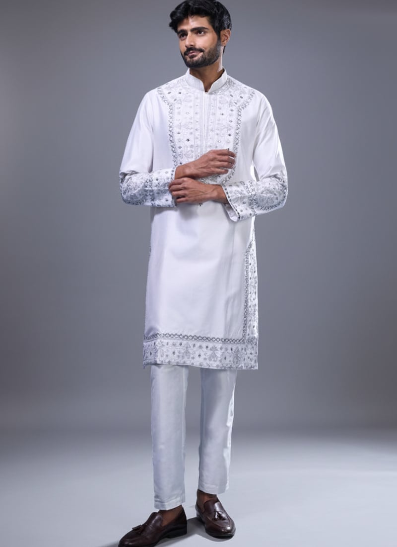 Off White Silk Embroidered With Mirror Work Majestic Kurta Pyjama Festive Wear
