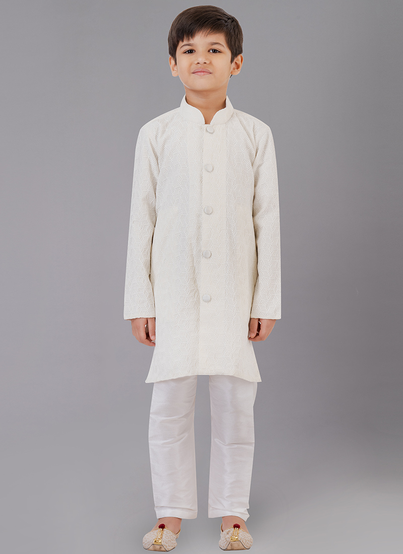 Off White Silk Embroidered Work Kurta Pyjama Party Wear