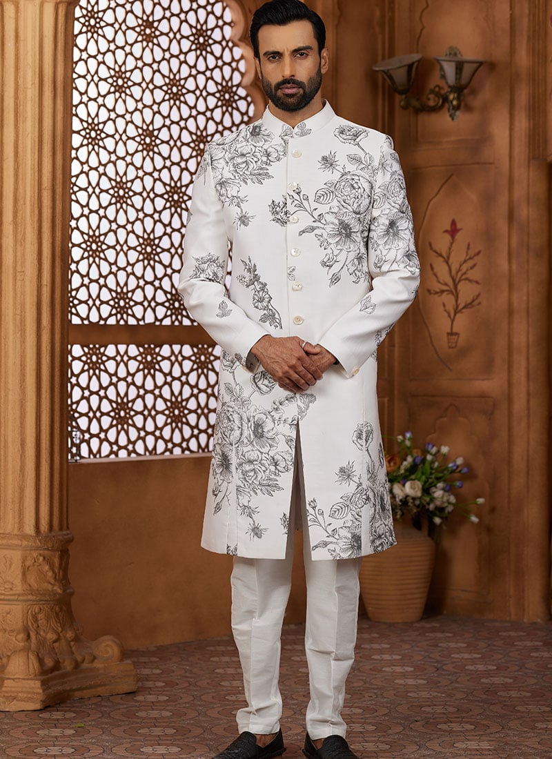 Off White Silk Floral Print Indowestern Sherwani Wedding Wear