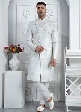 Off White Silk Hand Embroidered Indowestern Party Wear Sherwani