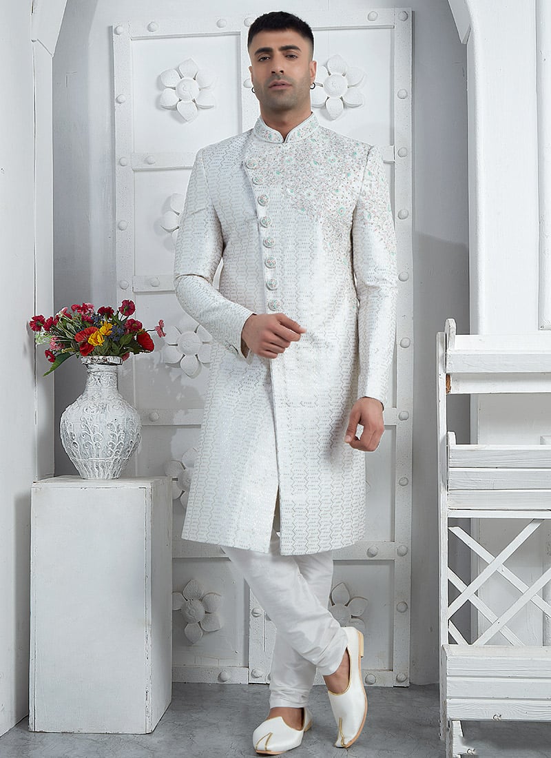 Off White Silk Hand Embroidered Indowestern Party Wear Sherwani Wedding Wear