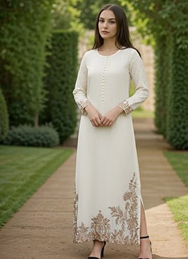 Off White Silk Hand Embroidered Zardosi Straight Pant Suit