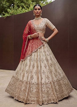 Off White Silk Hand Embroidered Zari Embroidery Lehenga
