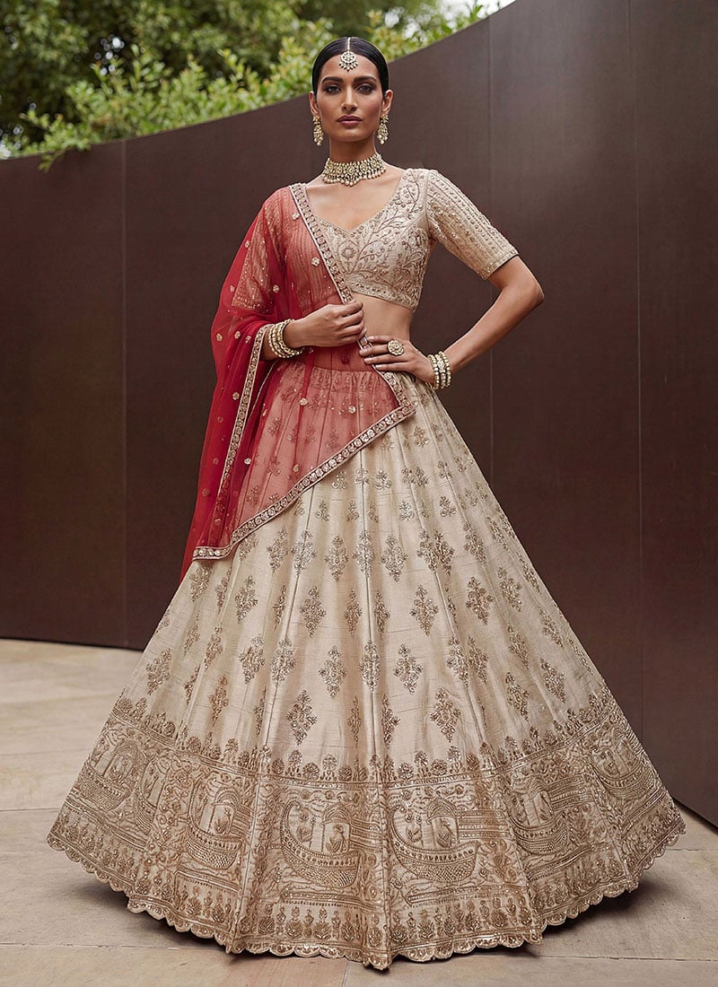 Off White Silk Hand Embroidered Zari Embroidery Lehenga Wedding Wear