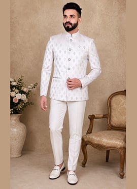 Off White Silk Jacquard Jodhpuri Suit For Men
