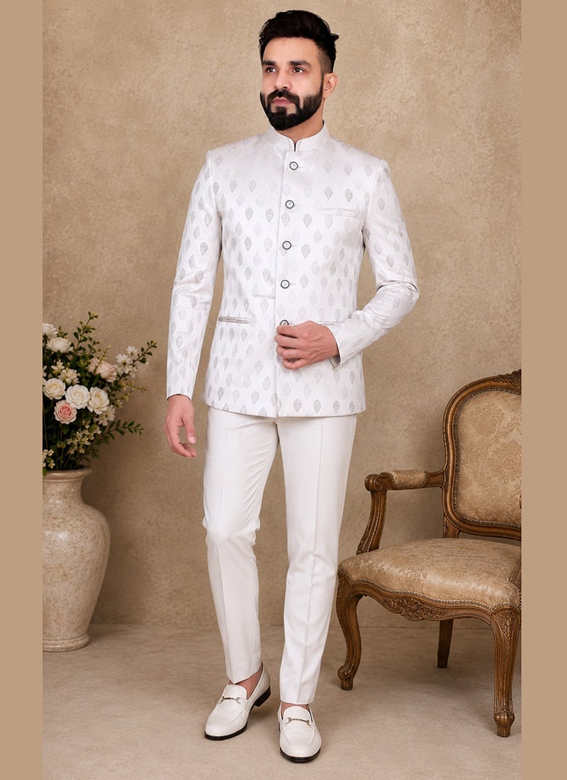 Off White Silk Jacquard Jodhpuri Suit For Men After Six Wear
