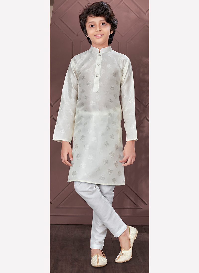 Off White Silk Jacquard Kids Boys Kurta Pyjama Festive Wear