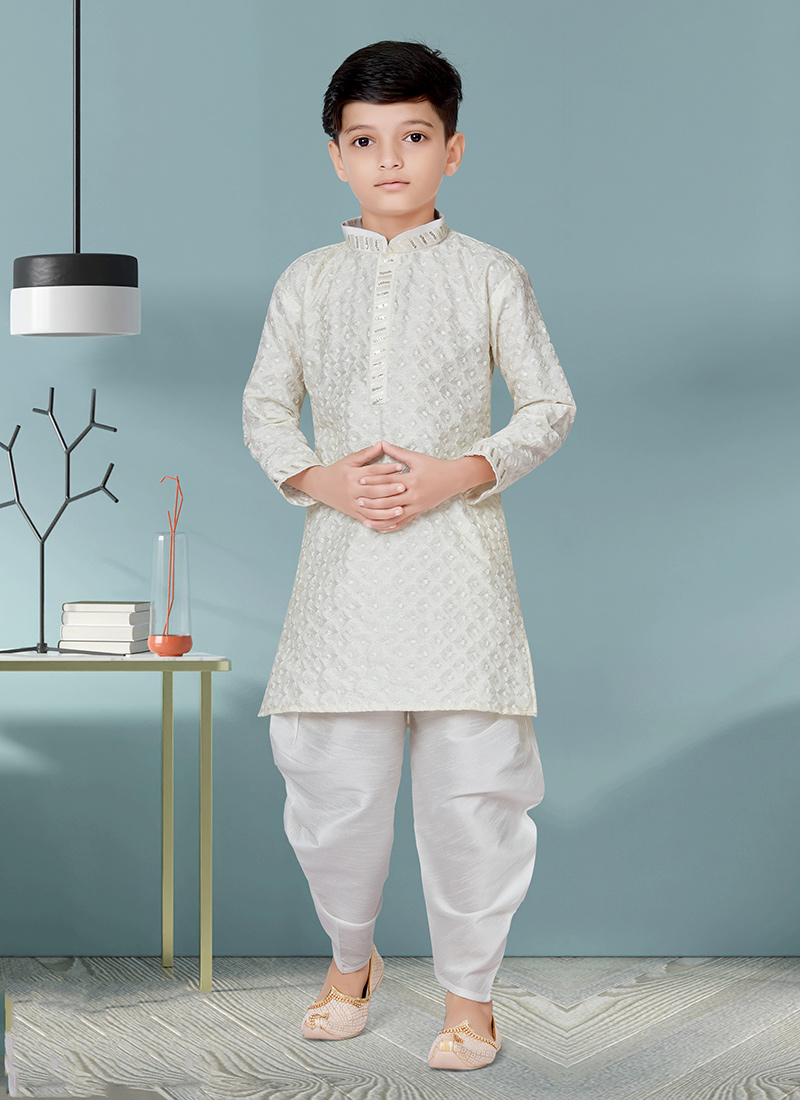 Off White Silk jacquard Kurta Pyjama Party Wear