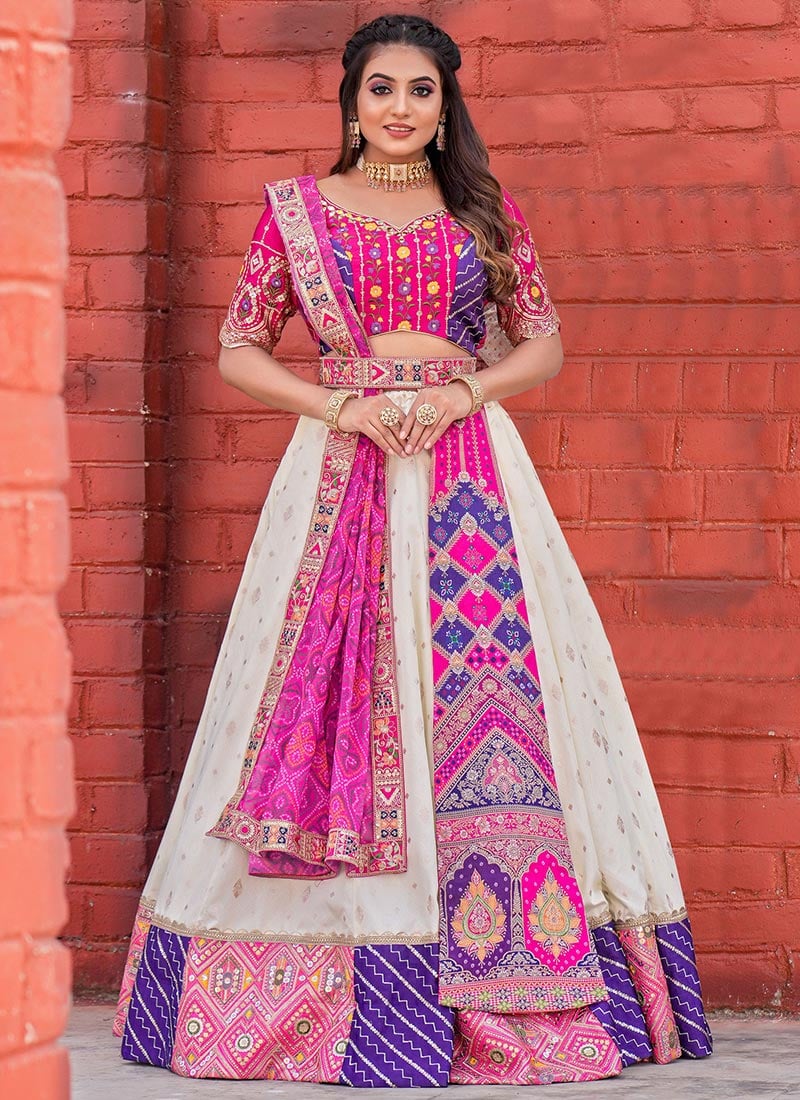 Off White Silk Jacquard Party Wear Umbrella Lehenga With Embroidery Party Wear
