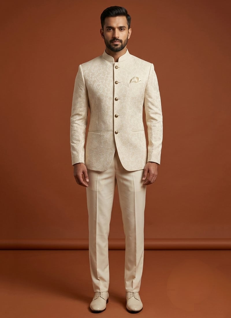 Off White Silk Jacquard Thread Bandhgala Suit For Men Wedding Wear