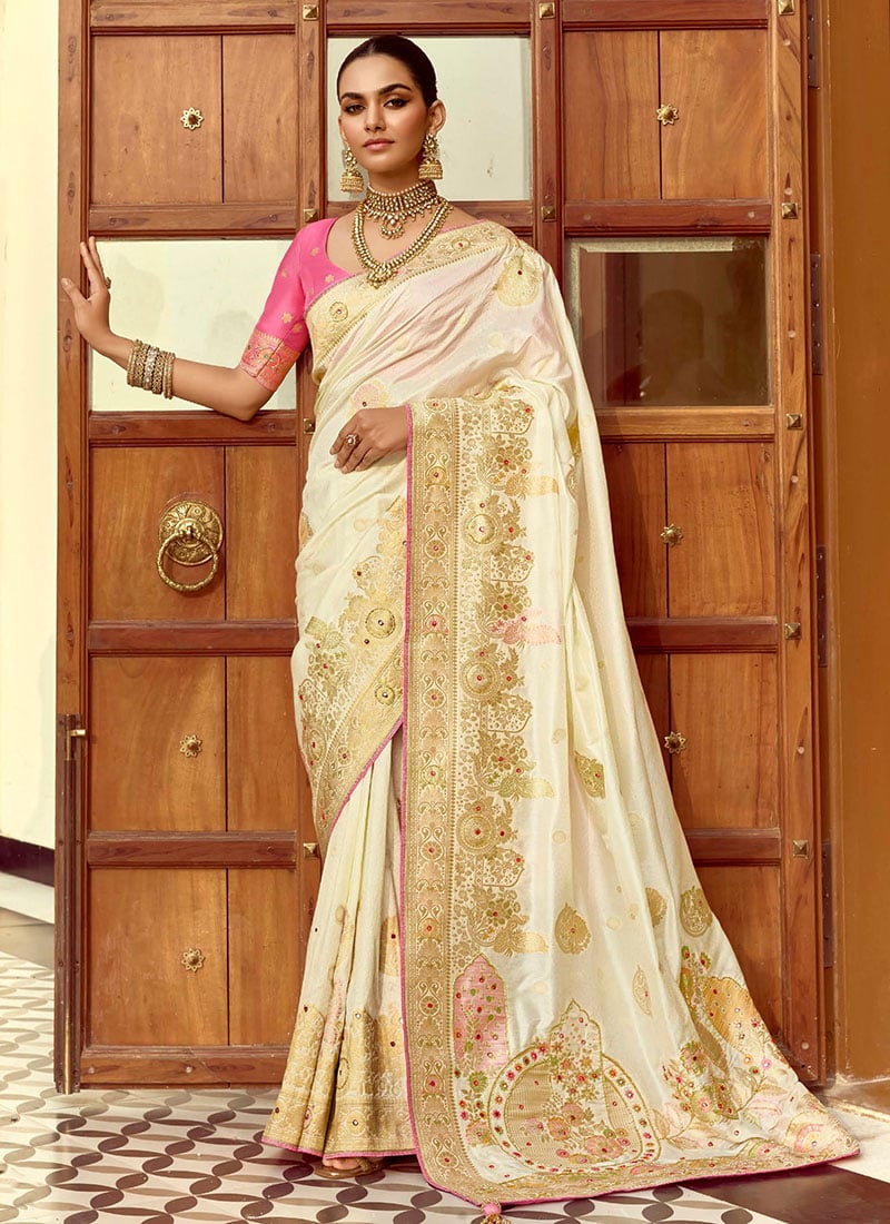 Off White Silk Jacquard Zari Embroidered Beads And Mirror Work Saree Wedding Wear-SASCC39251524