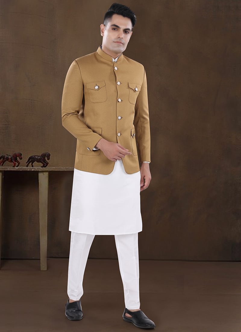 Off White Silk Kurta With Jodhpuri Beige Classy Bandi Set Festive Wear