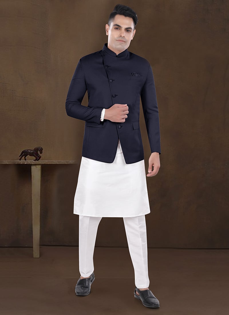 Off White Silk Kurta With Jodhpuri Navy Blue Elegant Bandi Set Festive Wear